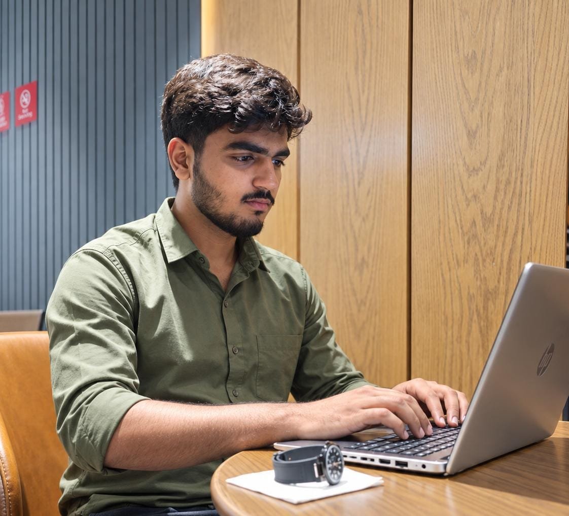 Portrait of Mubid Ahmad seated at a desk working on a laptop.
